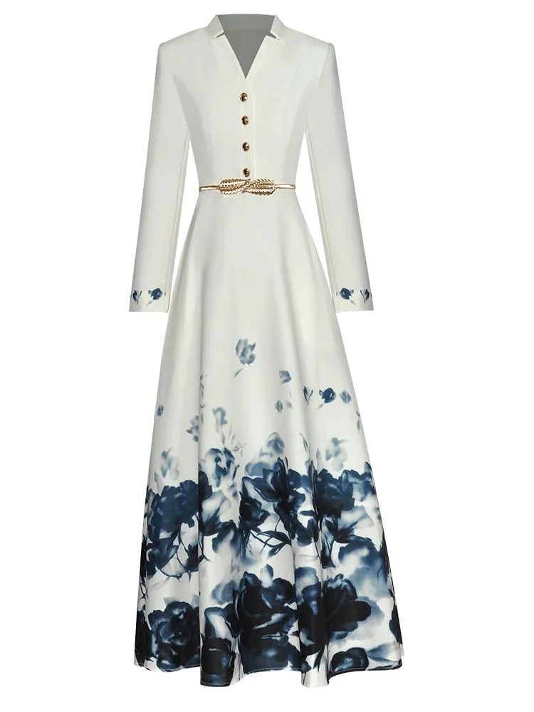 Maria V-Neck Long Sleeve Belt Floral Print Single Breasted Vintage Dress