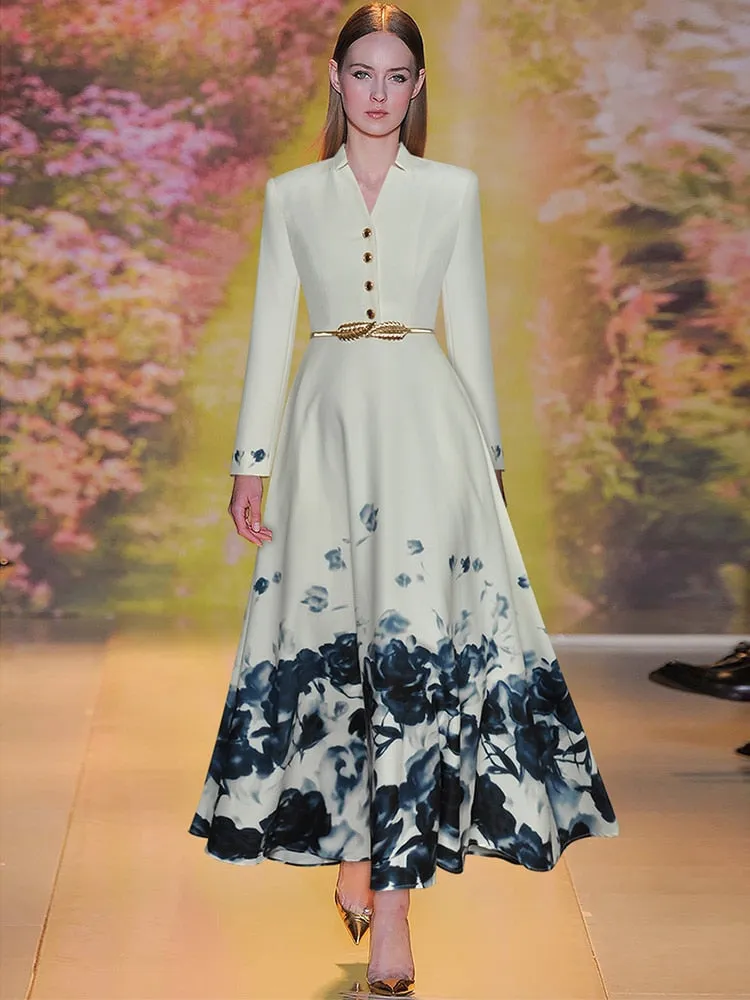 Maria V-Neck Long Sleeve Belt Floral Print Single Breasted Vintage Dress