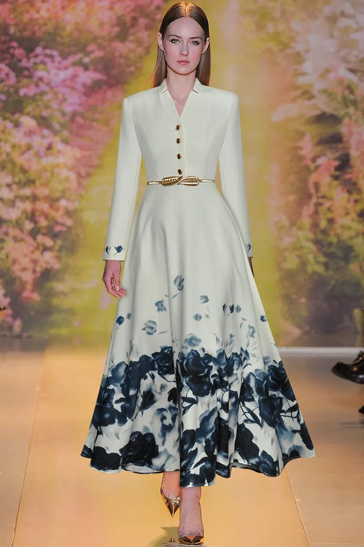Maria V-Neck Long Sleeve Belt Floral Print Single Breasted Vintage Dress