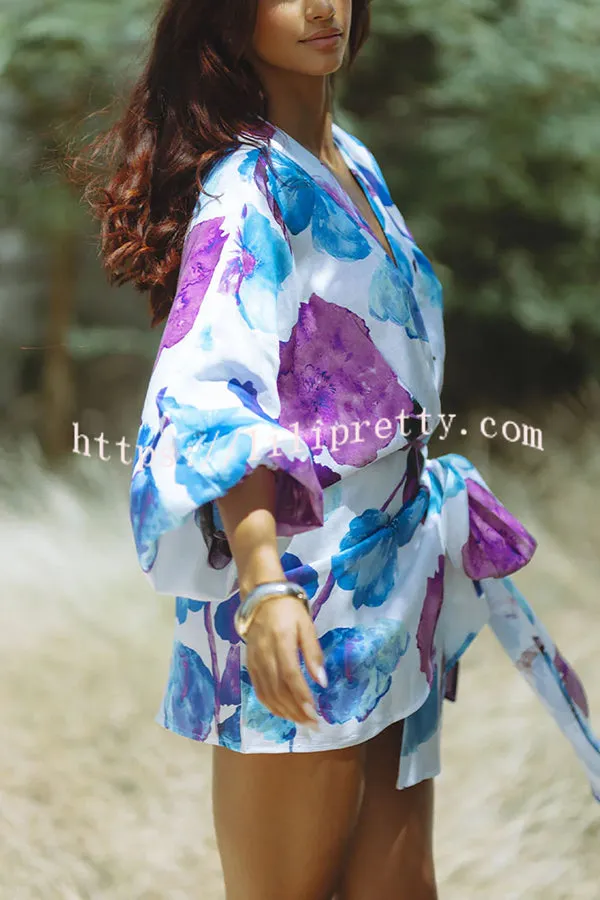 Marielle Linen Blend Floral Print Dolman Sleeve Wrap Loose Mini Dress