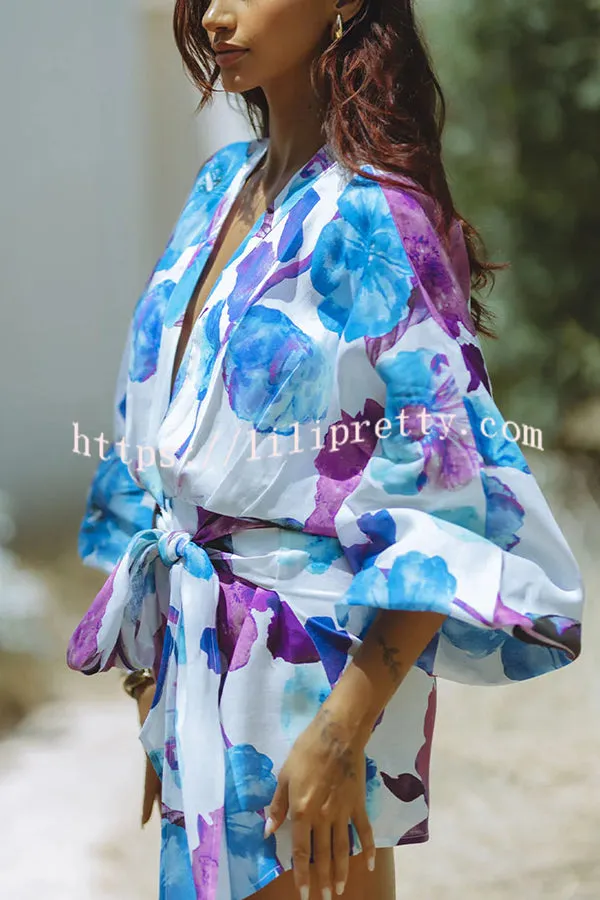 Marielle Linen Blend Floral Print Dolman Sleeve Wrap Loose Mini Dress