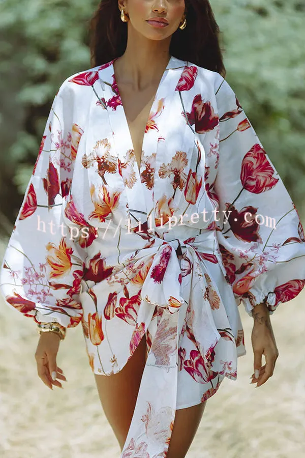 Marielle Linen Blend Floral Print Dolman Sleeve Wrap Loose Mini Dress