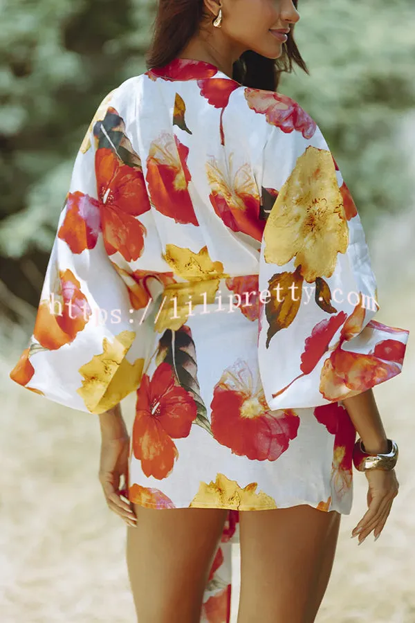 Marielle Linen Blend Floral Print Dolman Sleeve Wrap Loose Mini Dress