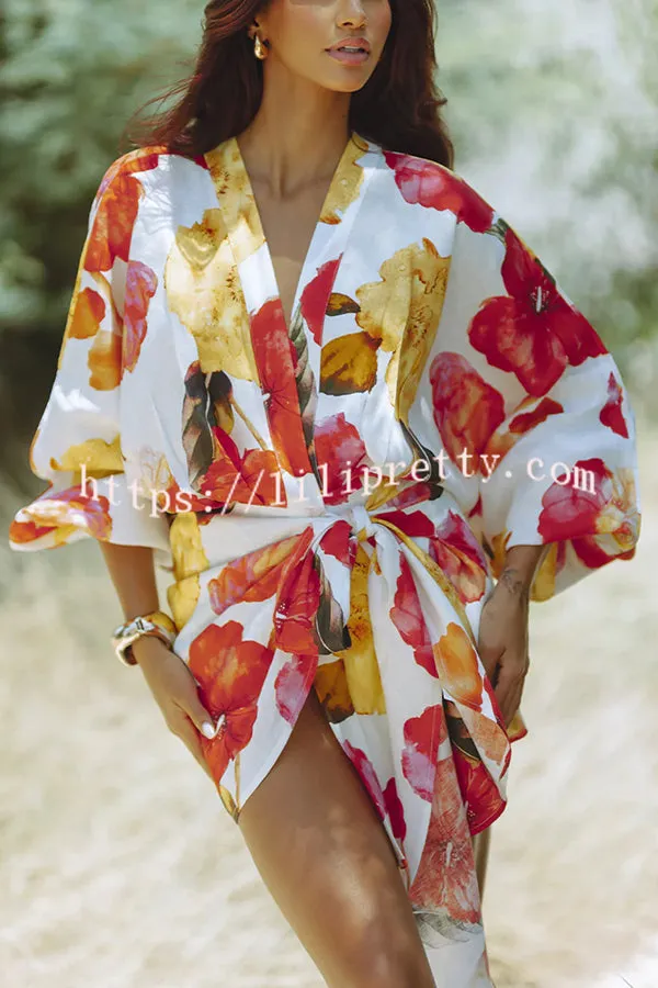 Marielle Linen Blend Floral Print Dolman Sleeve Wrap Loose Mini Dress