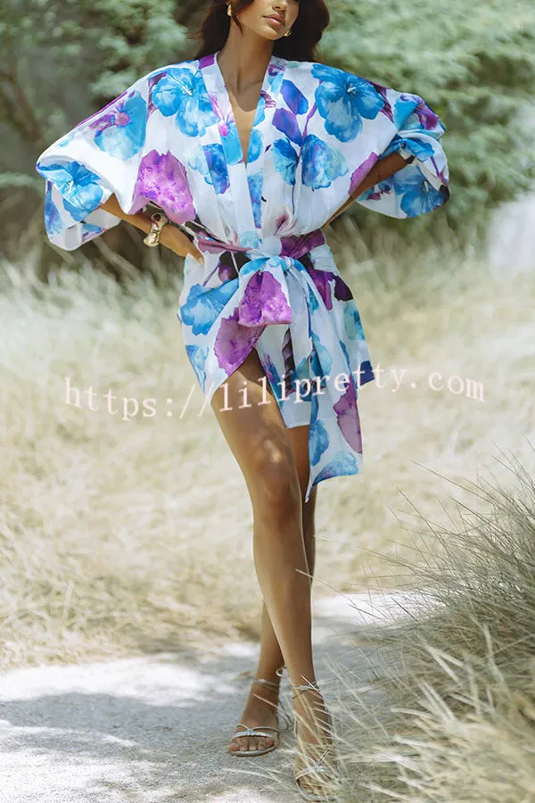 Marielle Linen Blend Floral Print Dolman Sleeve Wrap Loose Mini Dress