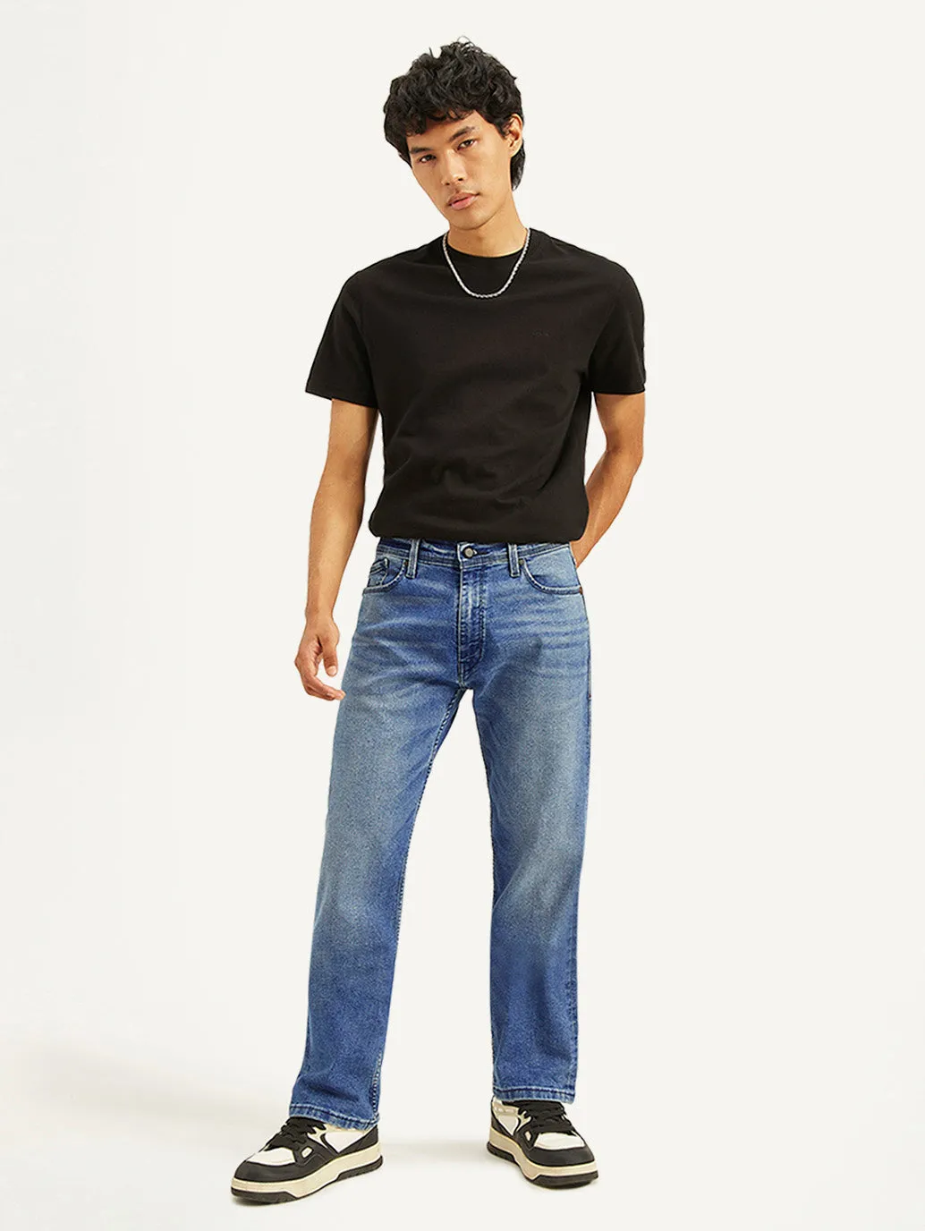 Men's 555 Blue Relaxed Straight Fit Mid Rise Jeans