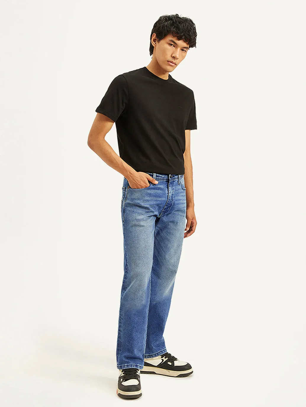 Men's 555 Blue Relaxed Straight Fit Mid Rise Jeans