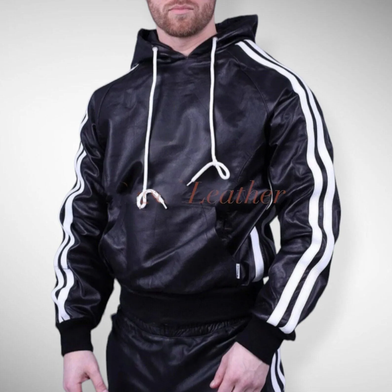 Men's & boys black Leather Hoodie & Trouser. Real Soft Sheepskin leather| Biker.