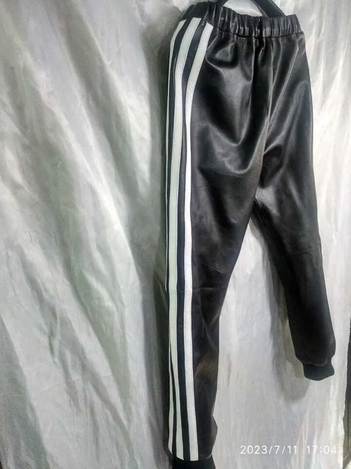 Men's & boys black Leather Hoodie & Trouser. Real Soft Sheepskin leather| Biker.