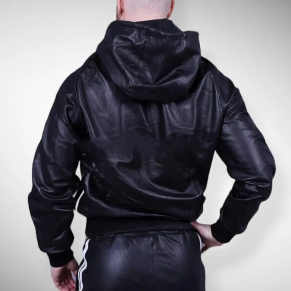 Men's & boys black Leather Hoodie & Trouser. Real Soft Sheepskin leather| Biker.