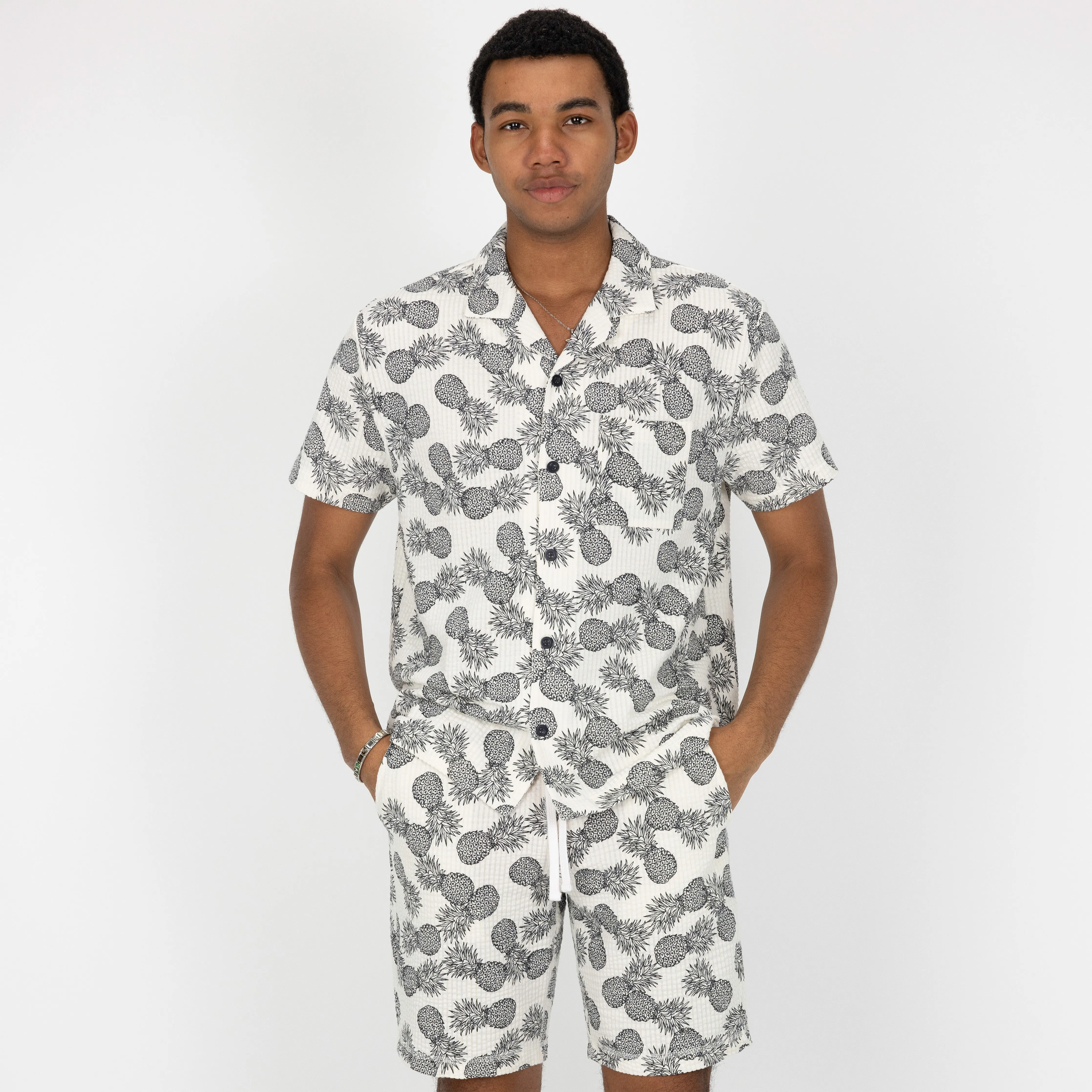 Mens Cool Knit Seersucker Camp Shirt - Tofu / Pineapple