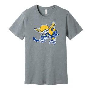 Minnesota Fighting Saints Distressed Cartoon Logo Shirt - Defunct Hockey Team - Celebrate Minnesota Heritage and History - Hyper Than Hype