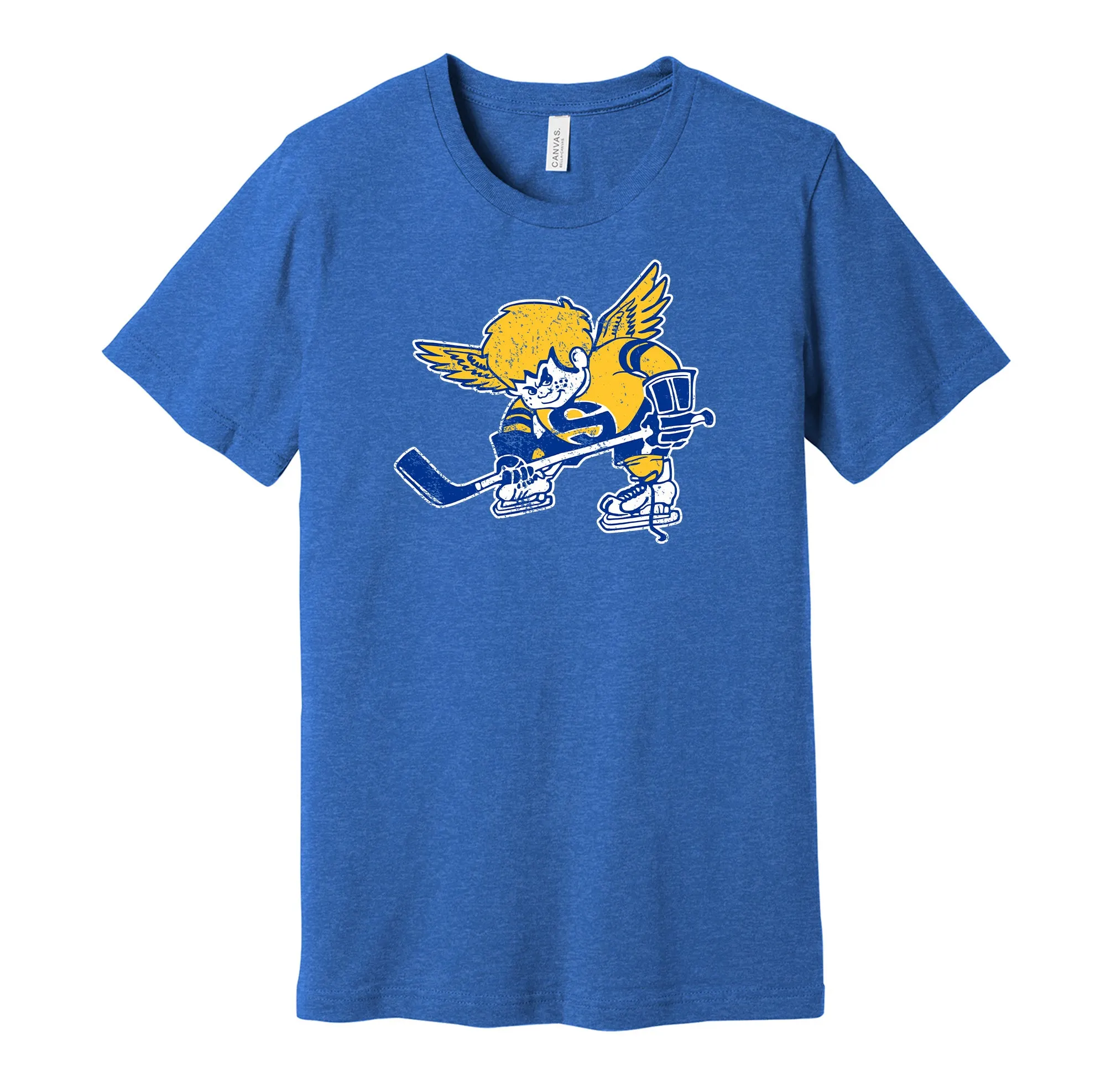 Minnesota Fighting Saints Distressed Cartoon Logo Shirt - Defunct Hockey Team - Celebrate Minnesota Heritage and History - Hyper Than Hype