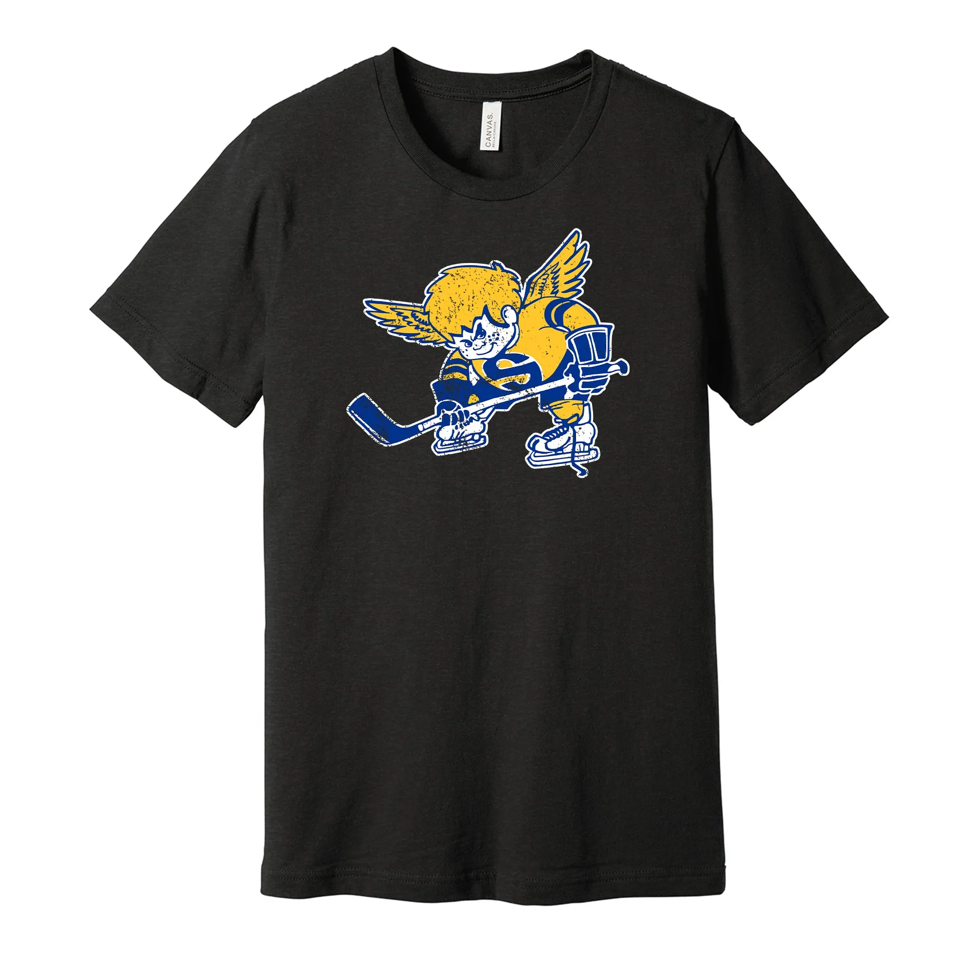 Minnesota Fighting Saints Distressed Cartoon Logo Shirt - Defunct Hockey Team - Celebrate Minnesota Heritage and History - Hyper Than Hype
