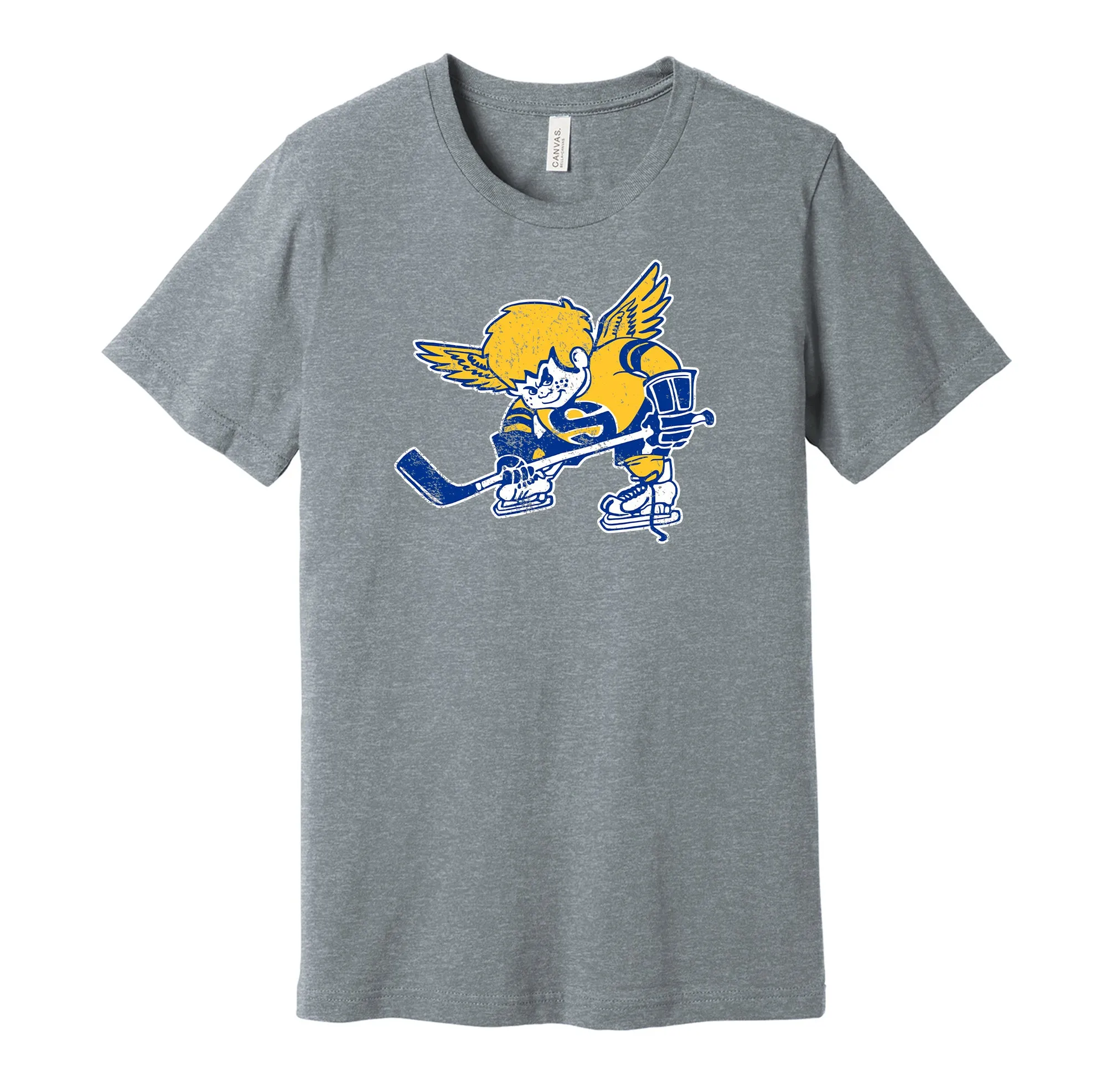 Minnesota Fighting Saints Distressed Cartoon Logo Shirt - Defunct Hockey Team - Celebrate Minnesota Heritage and History - Hyper Than Hype
