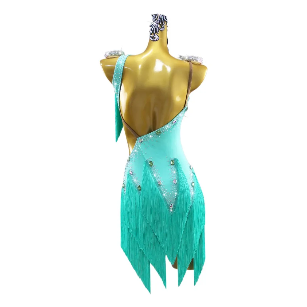 Mint Competition Latin Dance Dresses for Women Girls Slant Neck Salsa Rumba Chacha Blackpool Dance Outfits