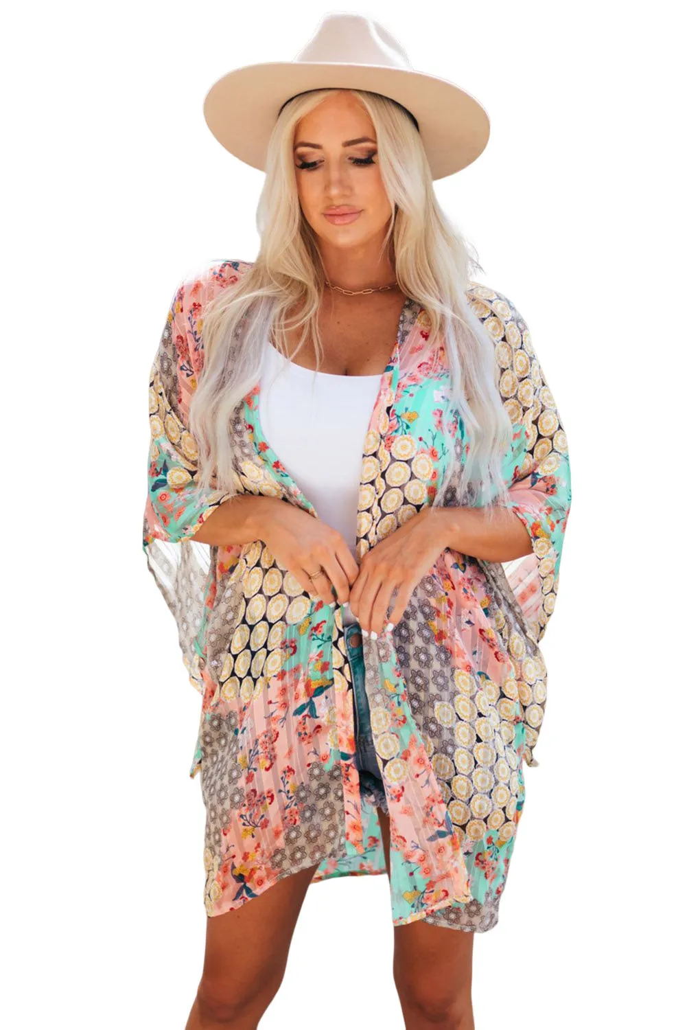 Multicolor Floral Open Sheer Shimmer Kimono