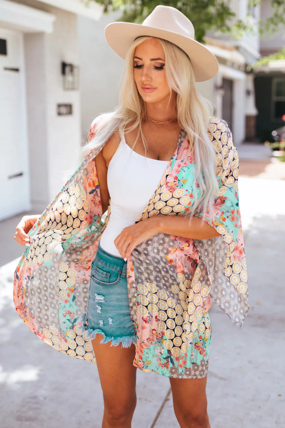 Multicolor Floral Open Sheer Shimmer Kimono