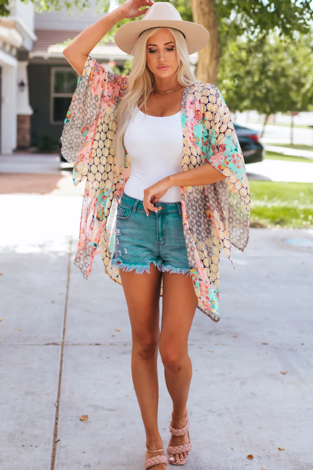 Multicolor Floral Open Sheer Shimmer Kimono