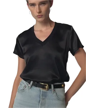 Nation LTD Women's Black Satin V-Neck Short Sleeve June Top – Size Small