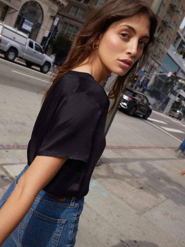 Nation LTD Women's Black Satin V-Neck Short Sleeve June Top – Size Small