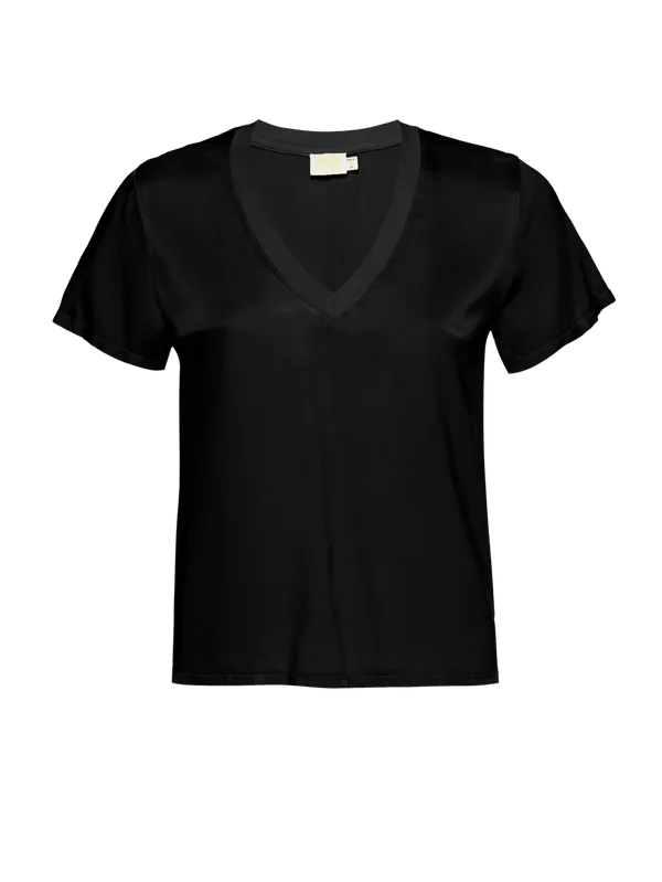 Nation LTD Women's Black Satin V-Neck Short Sleeve June Top – Size Small
