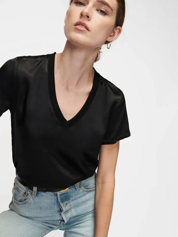 Nation LTD Women's Black Satin V-Neck Short Sleeve June Top – Size Small