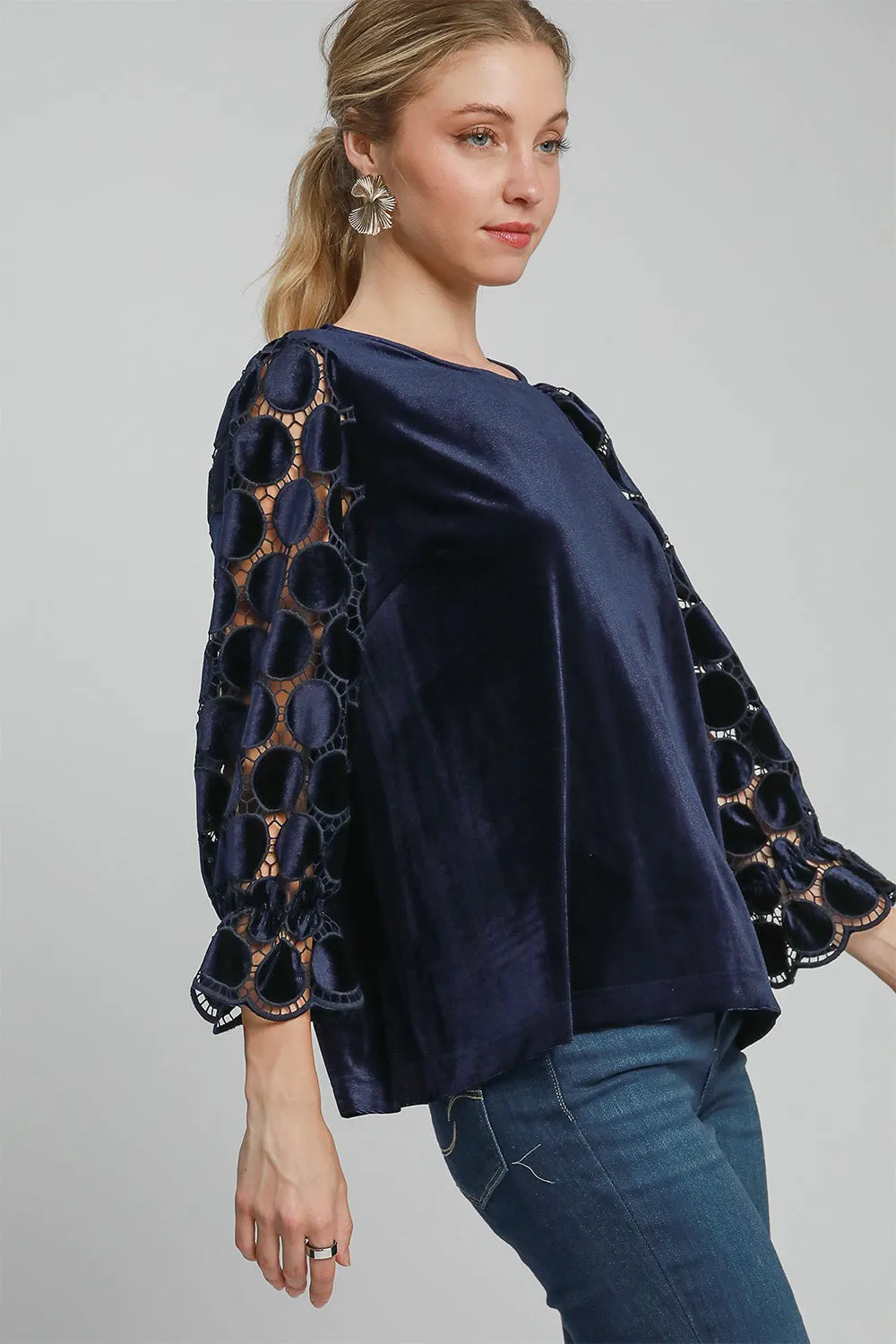 Navy Blue Polka Dot Lace Long Sleeve Round Neck Blouse