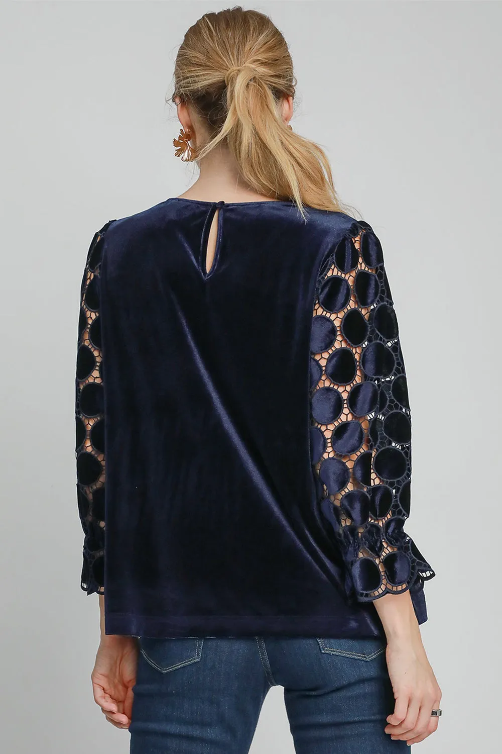 Navy Blue Polka Dot Lace Long Sleeve Round Neck Blouse