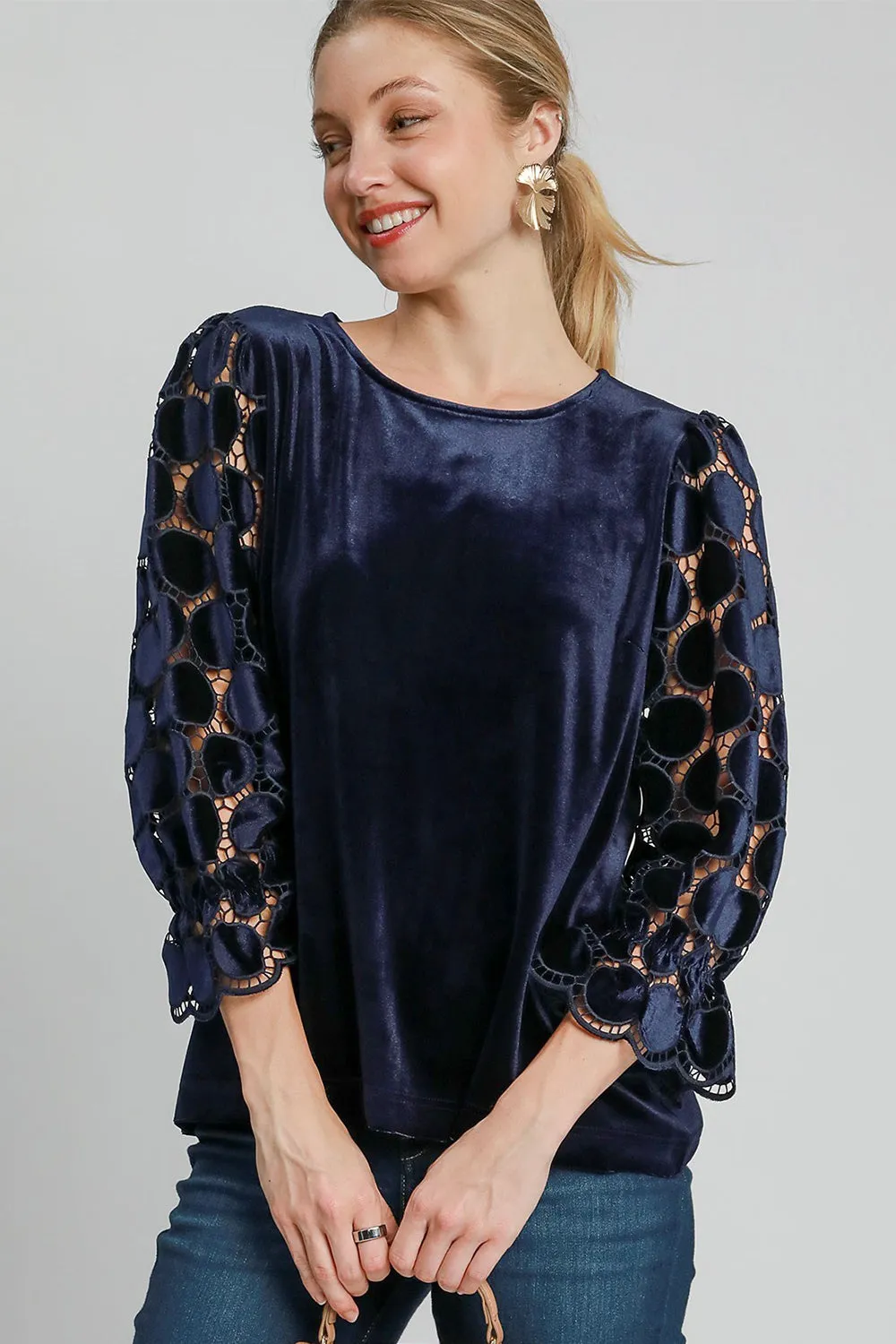 Navy Blue Polka Dot Lace Long Sleeve Round Neck Blouse