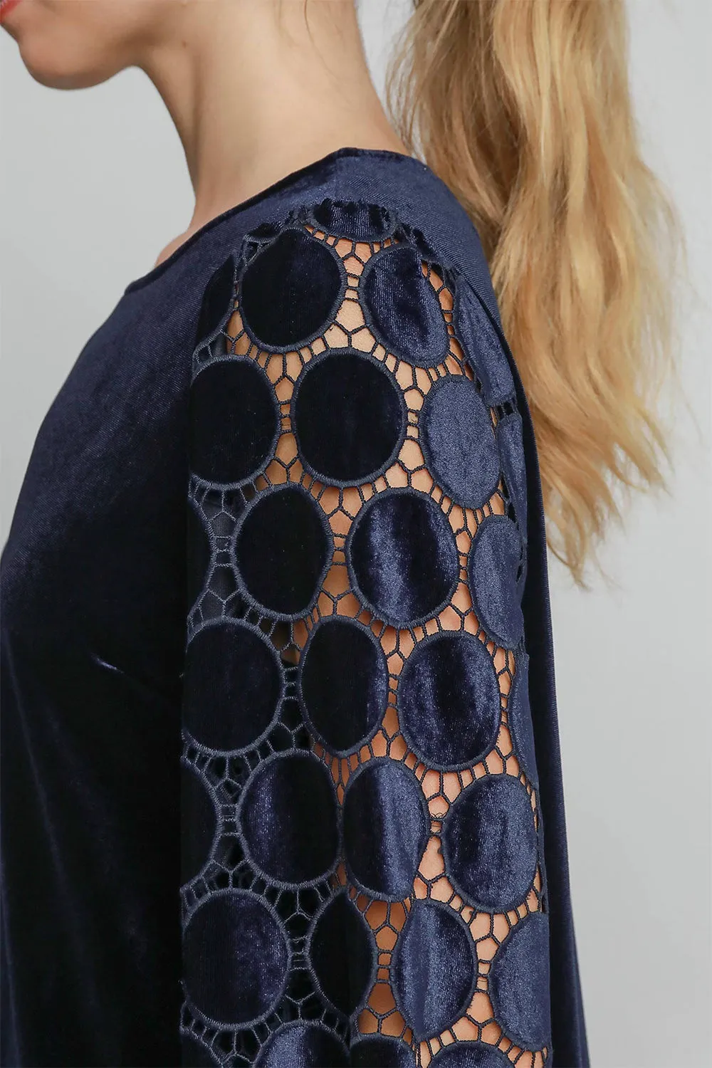Navy Blue Polka Dot Lace Long Sleeve Round Neck Blouse
