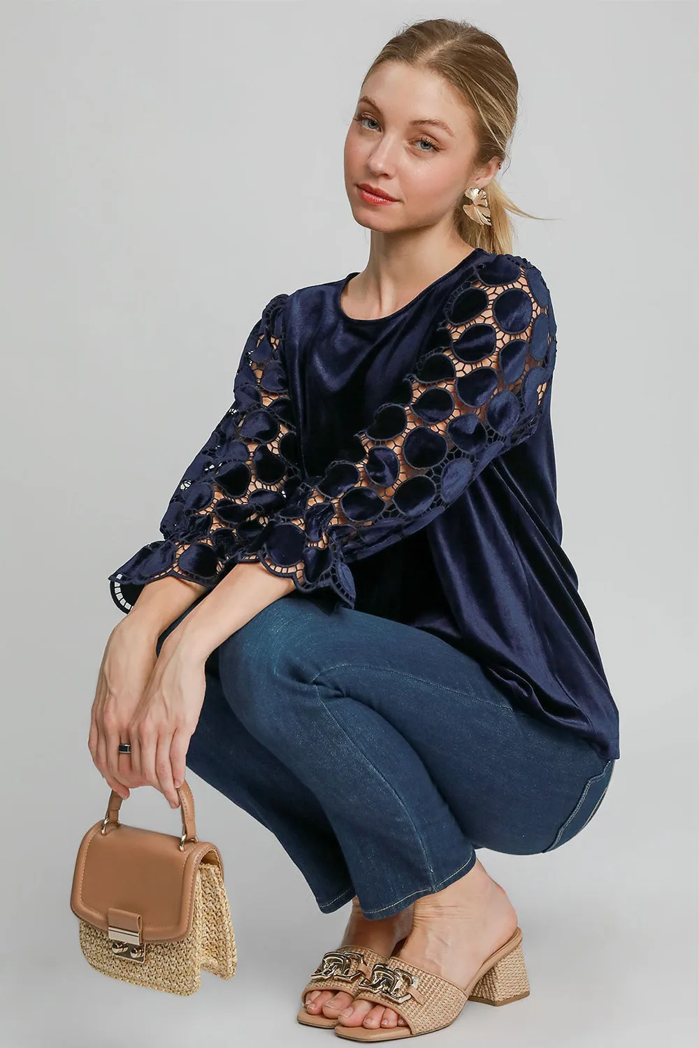 Navy Blue Polka Dot Lace Long Sleeve Round Neck Blouse
