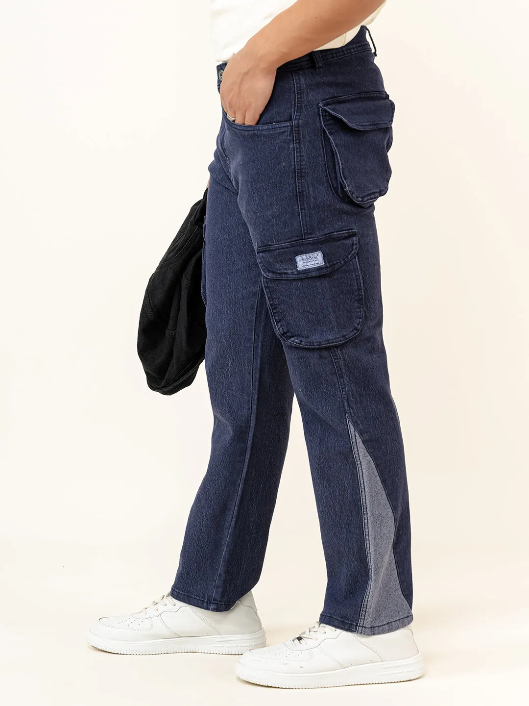 Navy Blue Straight Fit Denim Cargo