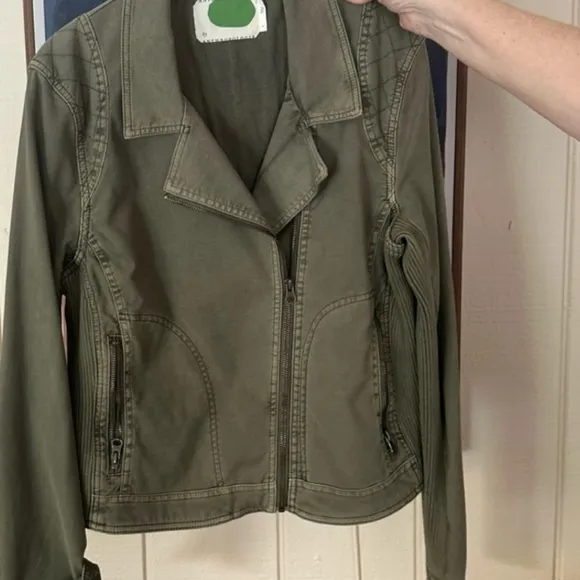 New Anthropologie Easy Moto Jacket Mixed Media Moss Green Cotton Ribbed Chic