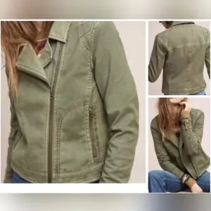 New Anthropologie Easy Moto Jacket Mixed Media Moss Green Cotton Ribbed Chic