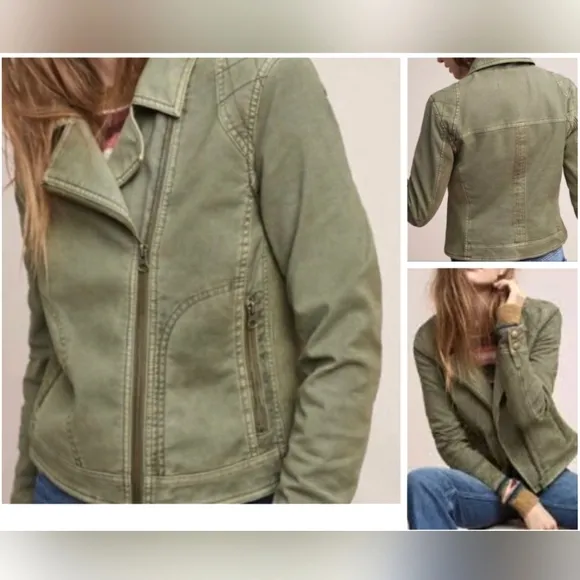 New Anthropologie Easy Moto Jacket Mixed Media Moss Green Cotton Ribbed Chic