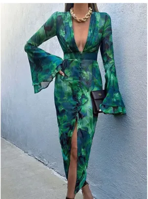 New Beautiful Micas Floral Print V-neck Slit Maxi Dress Sz M!