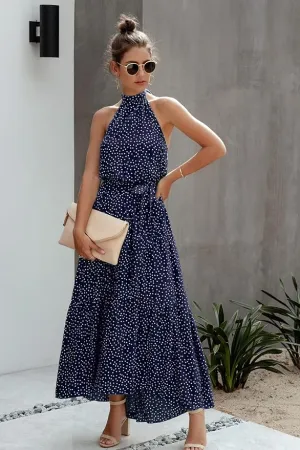 New PRETTYGARDEN Womens Halter Neck Floral Backless Loose Ruffle Maxi Dress in Navy Polka Dot, Sz M Retails $46 