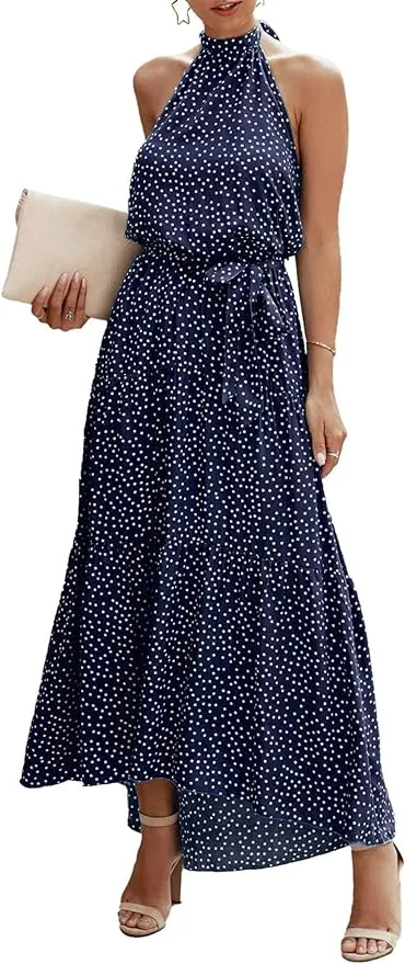 New PRETTYGARDEN Womens Halter Neck Floral Backless Loose Ruffle Maxi Dress in Navy Polka Dot, Sz M Retails $46 