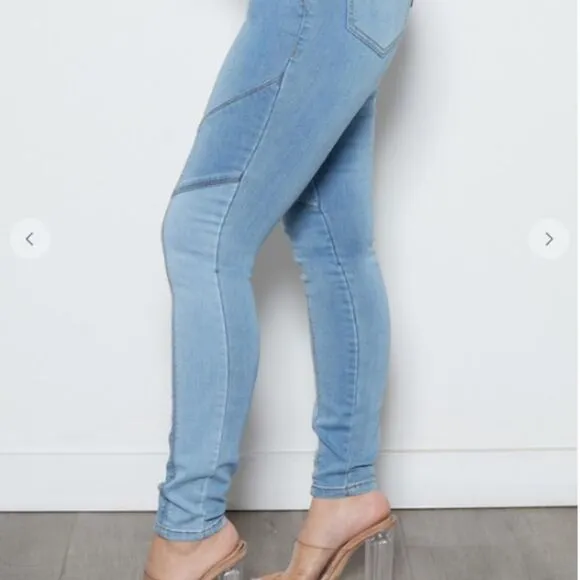 NEW! Sexy Color Blocked Pull On Skinny Blue Jeans Denim Boho Patchwork Leggings