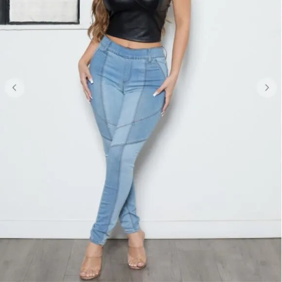 NEW! Sexy Color Blocked Pull On Skinny Blue Jeans Denim Boho Patchwork Leggings