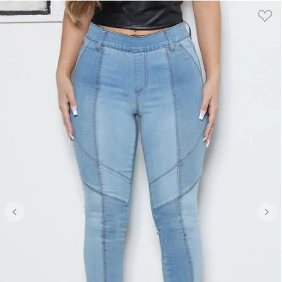 NEW! Sexy Color Blocked Pull On Skinny Blue Jeans Denim Boho Patchwork Leggings