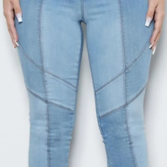 NEW! Sexy Color Blocked Pull On Skinny Blue Jeans Denim Boho Patchwork Leggings