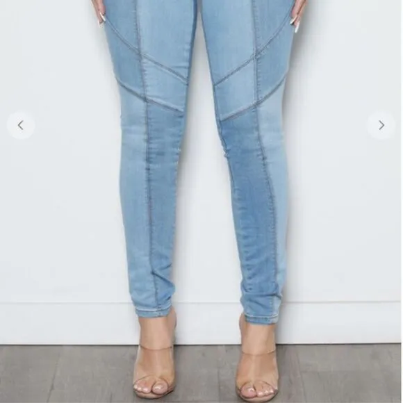 NEW! Sexy Color Blocked Pull On Skinny Blue Jeans Denim Boho Patchwork Leggings