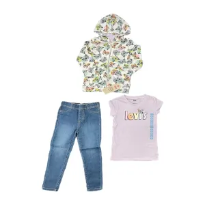 New with tags! Levi's Girl's 3 Piece Zip Jacket Graphic T-Shirt and Denim Outfit Set (Purple Butterfly, 24 Months) Retails $56 
