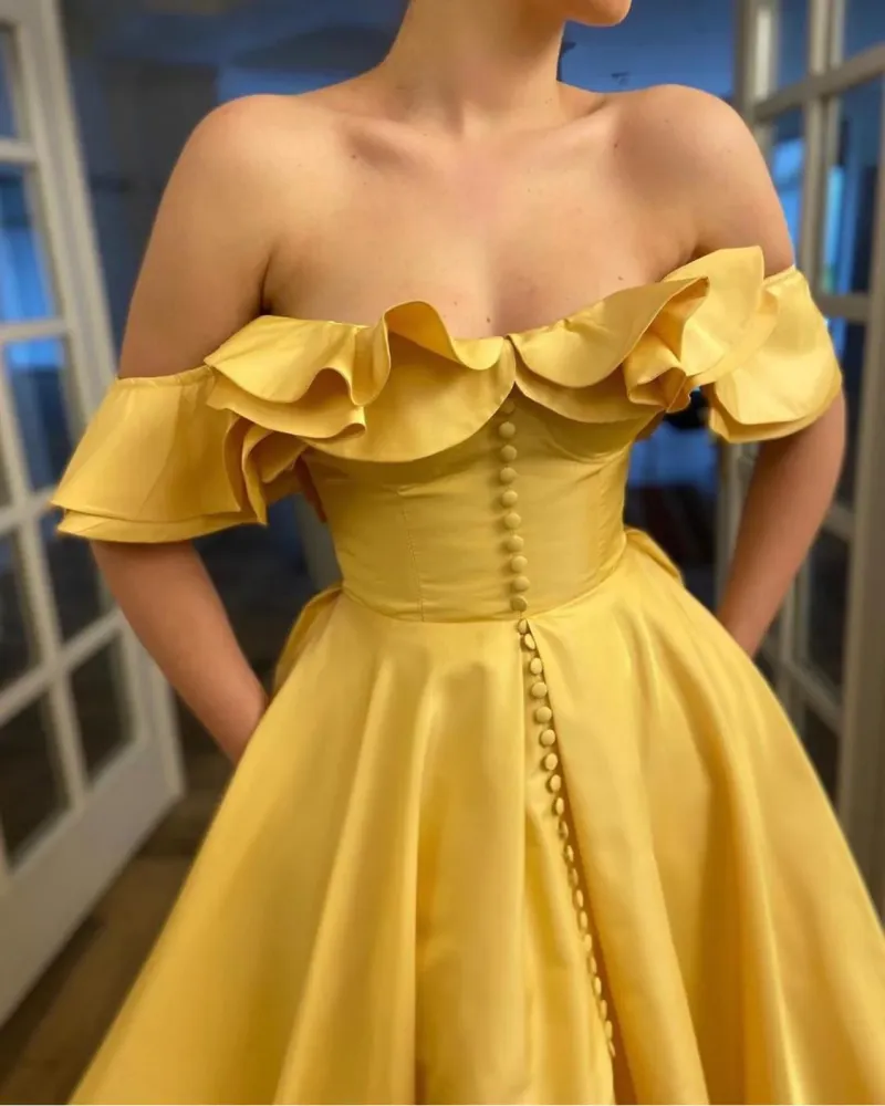 Off Shoulder Ruffles Button Split Front A-line Dress