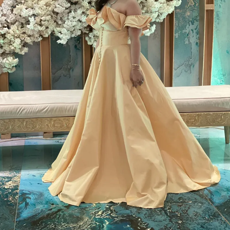 Off Shoulder Ruffles Button Split Front A-line Dress