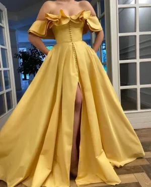 Off Shoulder Ruffles Button Split Front A-line Dress