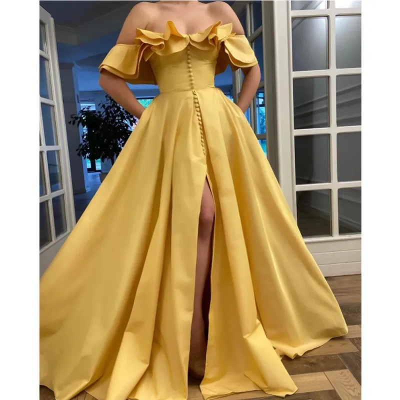 Off Shoulder Ruffles Button Split Front A-line Dress
