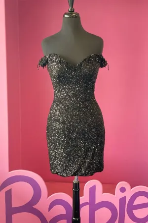 Off the Shoulder Black Sequin Tight Mini Dress